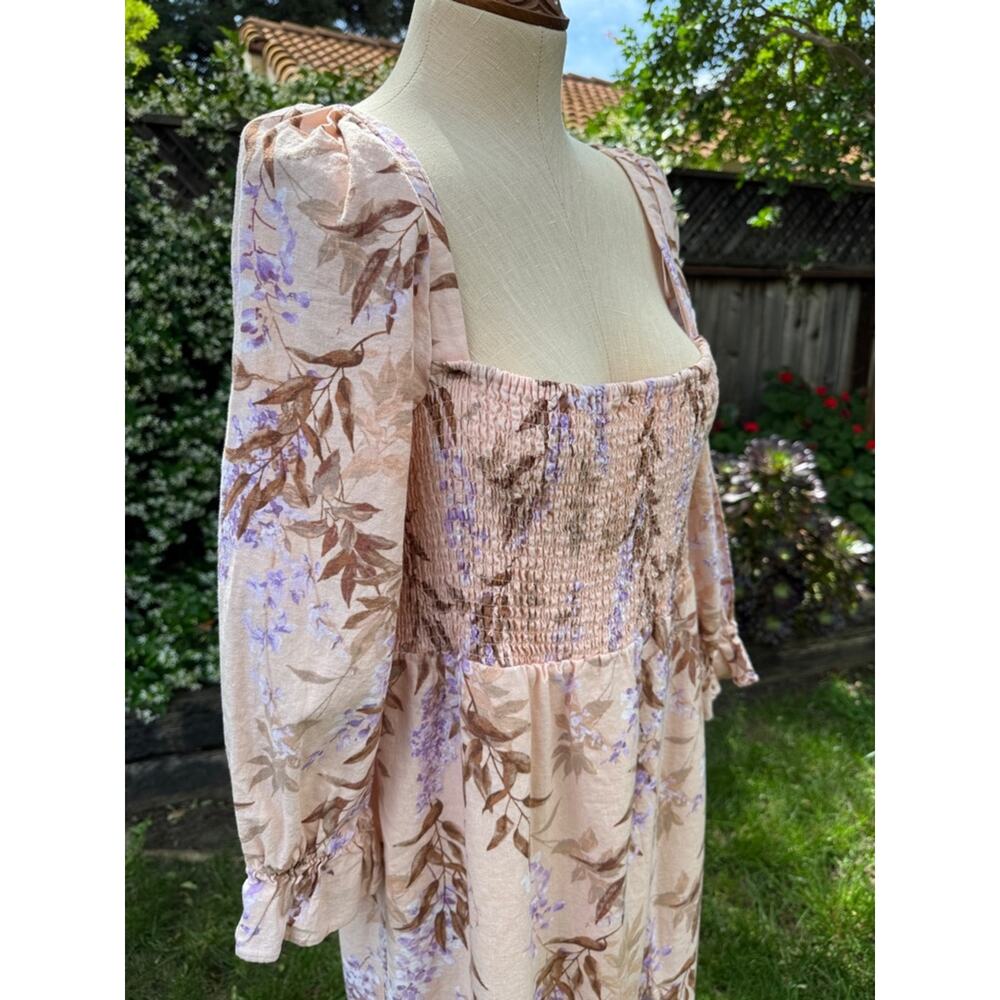 House Of Harlow 1960 Floral Smocked Dress Peasant Linen Blend Boho Sz Large - Picture 2 of 10